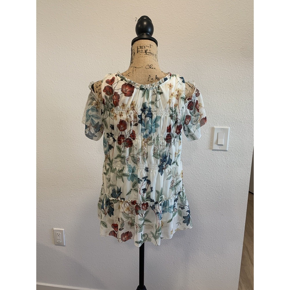 (G-209)Willow & Clay Women’s Floral Cold Shoulder Blouse Size S Boho Sheer Peplu - Picture 4 of 9